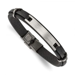 Stainless Steel Antiqued and Brushed Black Leather 8.75-inch ID Bracelet