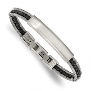 Stainless Steel Brushed & Polished Wire & Leather 6.75-inch +.5-inch ID Bracelet