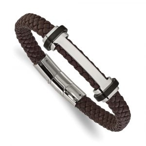 Stainless Steel Polished Brown Leather 8-inch + .5-inch Bracelet