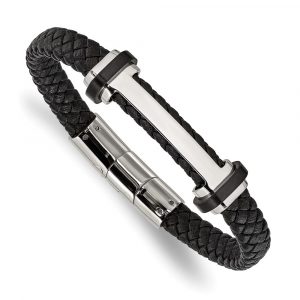 Stainless Steel Polished Black Leather 8-inch + .5-inch Bracelet