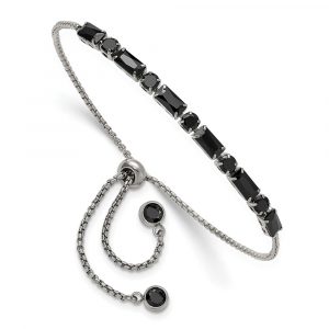 Stainless Steel Polished Black CZ Adjustable Bolo Bracelet