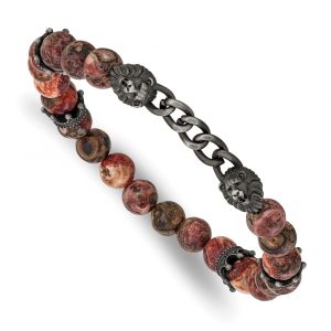 Stainless Steel Antique White Bronze Leopard Stone 7.5-inch Stretch Bracelet