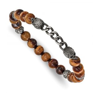 Stainless Steel Antiqued White BronzePlate Tiger Eye 7.5-inch Stretch Bracelet