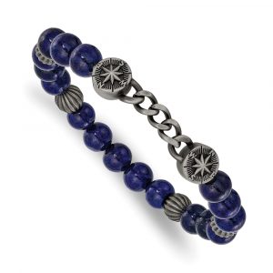 Stainless Steel Antique White Bronze Compass Lapis 7.5-inch Stretch Bracelet