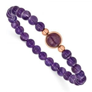 Stainless Steel Polished Rose IP-plated Amethyst Bead 7-inch Stretch Bracelet
