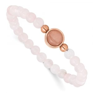 Stainless Steel Polished Rose IP Pink Crystal Beaded 7-inch Stretch Bracelet