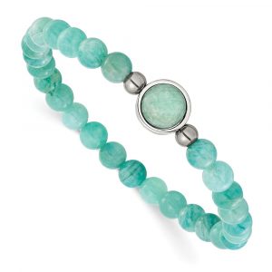 Stainless Steel Polished China Amazonite Beaded 7-inch Stretch Bracelet