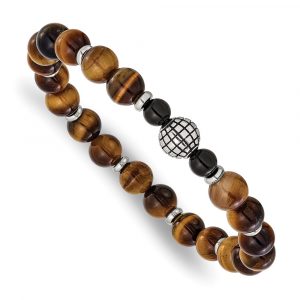 Stainless Steel Antiqued & Polished Agate/Tiger's Eye 7-inch Stretch Bracelet