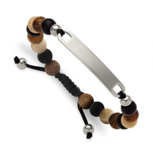 Stainless Steel Polished Camphor/Tigerwood/Onyx Bead Adjust ID Bracelet