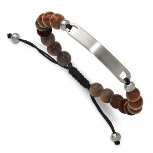 Stainless Steel Brushed 8mm Tigerwood Beaded Adjustable ID Bracelet