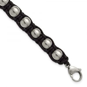 Stainless Steel Brushed Beaded Black Nylon 8.25-inch Bracelet