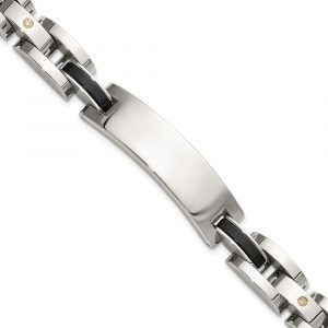 Stainless Steel Polished 14K Accent 1/15ct. Diamond & Onyx 8.75-inch ID Bracel