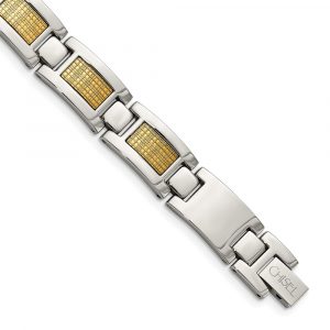 Stainless Steel 8.25-inch Polished with 18k Gold Foil Inlay Link Bracelet