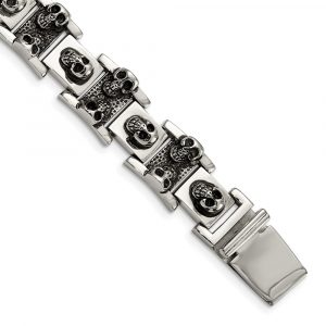 Stainless Steel Antiqued and Polished Skulls 8.25-inch Bracelet