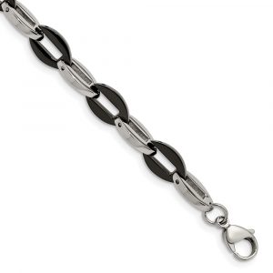 Stainless Steel Polished Black IP plated Oval Link 7.5-inch Bracelet