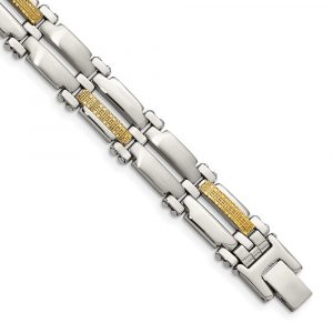 Stainless Steel  with 14k Accent 8.5-inch Brushed and Polished Link Bracelet