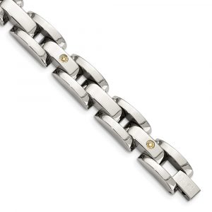 Stainless Steel Polished with14k White Gold & Diamonds 8.5-inch Bracelet