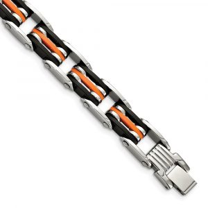 Stainless Steel 8.5-inch Polished with Rubber Black and Orange Bracelet