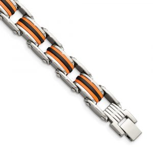 Stainless Steel 8.75-inch Polished with Polyurethane Black & Orange Bracelet