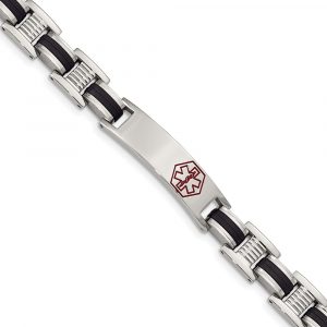 Stainless Steel Black Rubber Red Enamel 8-inch Medical Bracelet
