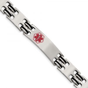 Stainless Steel Black Rubber Red Enamel 8.25-inch Medical ID Bracelet