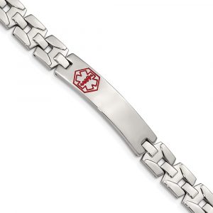 Stainless Steel Brushed & Polished Red Enamel 8-inch Medical ID Bracelet