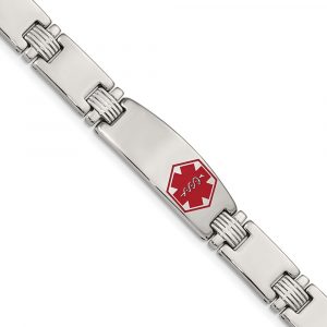 Stainless Steel Polished/Brushed Red Enamel 8.25-inch Medical ID Bracelet