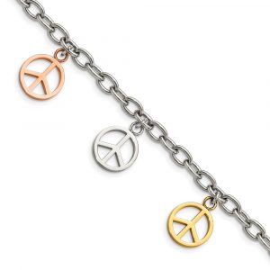 Stainless Steel Polished Rose & Yellow IP Peace Sign Charms 8.5-inch Bracelet