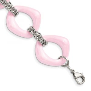 Stainless Steel Polished w/Pink Ceramic 8-inch Bracelet