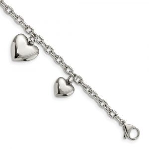Stainless Steel Polished Hearts 8-inch Bracelet
