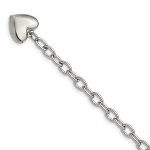 Stainless Steel Polished Open Link with Heart Dangle 8.5 inch Bracelet