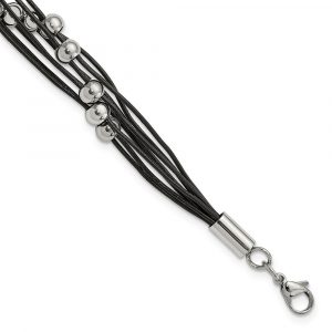 Stainless Steel Polished Beaded Multi-Strand Black Leather 8-inch Bracelet