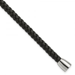 Stainless Steel Polished Black Leather 8.5-inch Bracelet