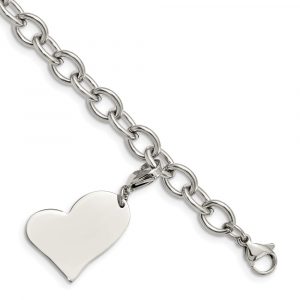 Stainless Steel Polished Link with Heart Lobster Clasp Charm 8 inch Bracel