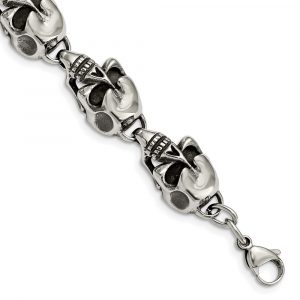 Stainless Steel Antiqued and Polished Skulls 8.5-inch Bracelet