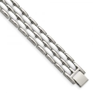 Stainless Steel Polished w/Double Row White Ceramic 8.25-inch Bracelet