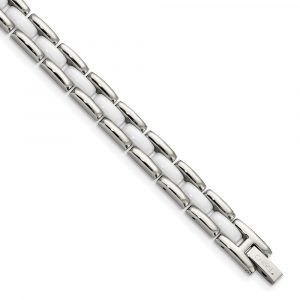 Stainless Steel Polished w/White Ceramic 8-inch Bracelet