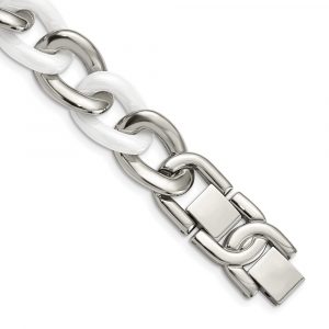 Stainless Steel Polished w/White Ceramic 7.5-inch w/1-inch ext. Bracelet