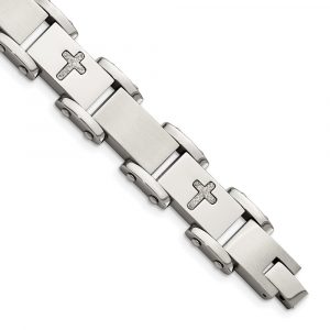 Stainless Steel Brushed Polished and Laser Cut Crosses 8.75-inch Bracelet