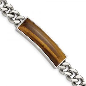 Stainless Steel Polished with Tigers Eye Inlay 8.25-inch Bracelet
