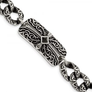Stainless Steel Antiqued and Polished with Black Agate 9-inch Cross Bracelet