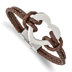 Stainless Steel Polished Heart Leather 7.5-inch Bracelet