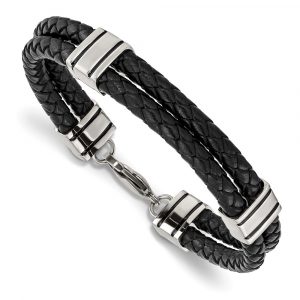 Stainless Steel Polished Braided Black Leather 9-inch Bracelet