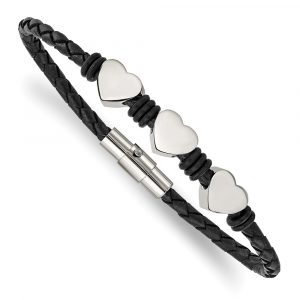 Stainless Steel Black Leather w/Polished Hearts 7.5-inch Bracelet