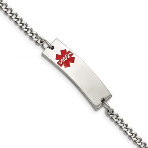 Stainless Steel Polished w/Red Enamel 8.75-inch Medical ID Bracelet
