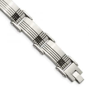 Stainless Steel Brushed and Polished Black-IP Black Diamonds 8.5-inch Bracelet