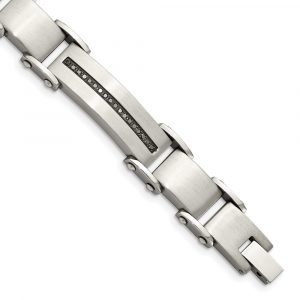 Stainless Steel Brushed and Polished with Black Diamonds 8.5-inch Bracelet