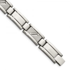 Stainless Steel Polished and Textured w/Diamonds 8.5-inch Bracelet