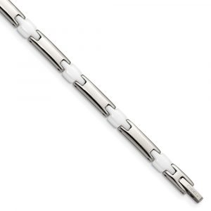 Stainless Steel Polished w/White Ceramic 7.5-inch Bracelet