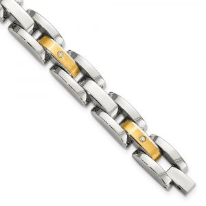 Stainless Steel w/14k Accent 8.25-inch Brushed & Polished w/Diamonds Bracelet